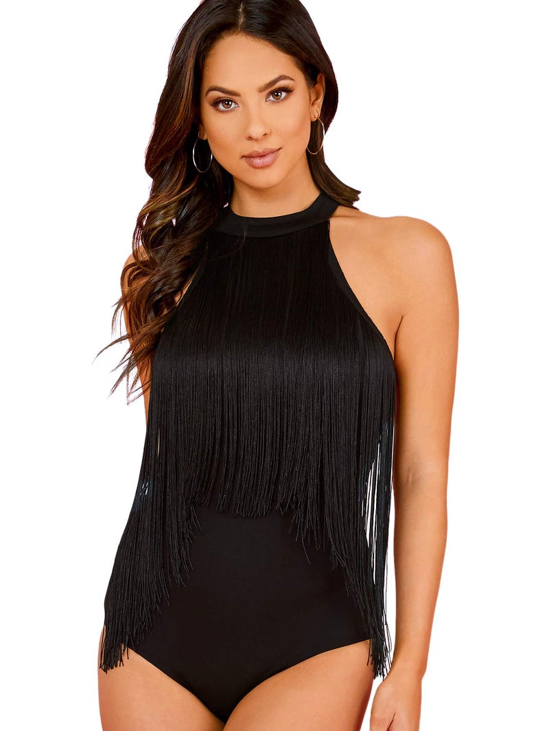 Verdusa Women's Western Fringe Tops Boho Sleeveless Bodycon Halter Bodysuit Top Cowboy Outfits Black X-Small - Image 2